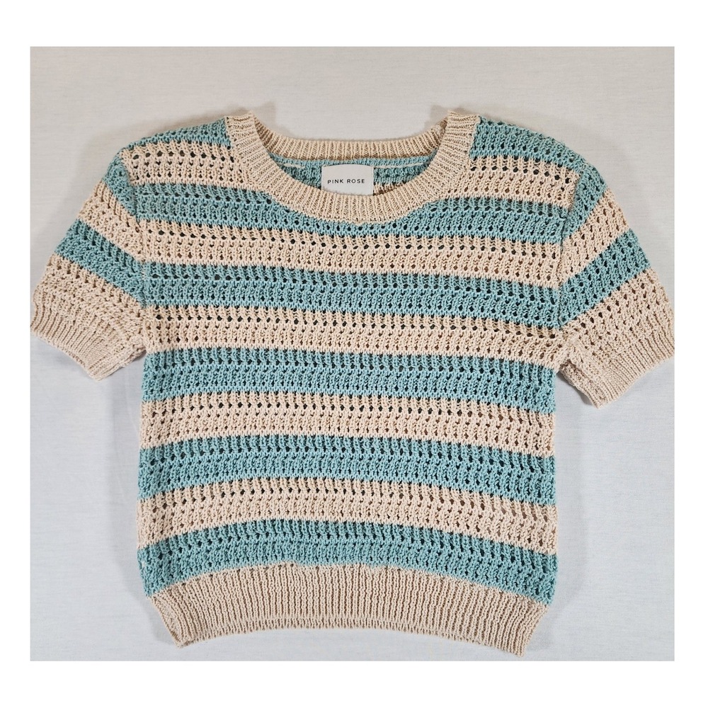 Pink Rose Crochet Knit Sweater Womens Large Beige Teal Striped Short Sleeve Boho